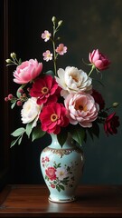 A vase filled with red and pink flowers sits on a wooden table