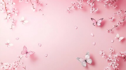 Photo of, Pink background with delicate cherry blossom branches and floating petals in pastel hues for design, banner template