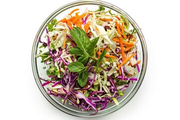 Coleslaw salad in glass bowl isolated on white background top view