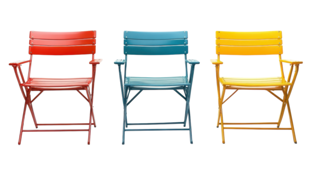 Colorful metal chairs arranged in a row against a transparent background showcasing vibrant design options for modern spaces.