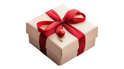 Obraz premium Decorative gift box with red ribbon and cherry placed on a neutral background perfect for celebrations and special occasions.