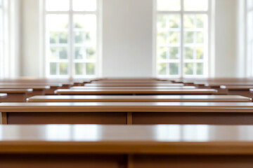 Fototapeta premium Cozy empty classroom with sunlight streaming through windows