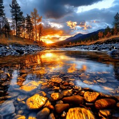 Sunset Over Forest River: Scenic View of Stone-Lined Shoreline
