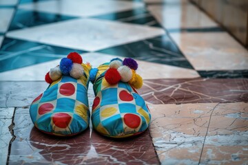 Colorful clown shoes on the floor