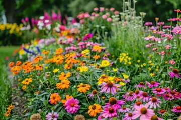 Colorful flower bed in park with beautiful summer blooms Lush garden with multicolor flowers Summer gardening outdoors