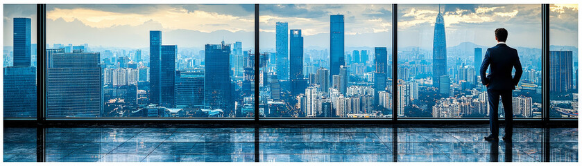 businessman stands by large window, gazing at stunning city skyline filled with skyscrapers and dramatic sky. view evokes sense of ambition and opportunity