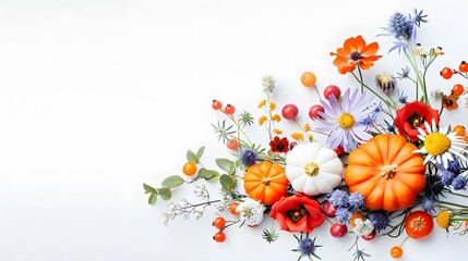 Vibrant autumn harvest with flowers and pumpkins