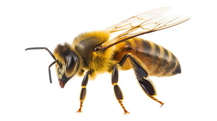 Detailed close-up of a honey bee showcasing its intricate features and wing structure against a transparent background.