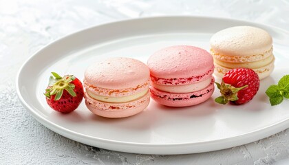 Obraz premium Colorful macarons in various flavors and hues are arranged on a plate in a café