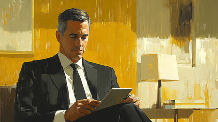 businessman in suit is sitting in minimalist room, focused on tablet. warm yellow background adds touch of sophistication to scene, creating calm and professional atmosphere