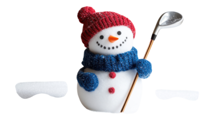 A cheerful snowman wearing a red hat and blue scarf holds a golf club, ready for winter fun in a snowy landscape.