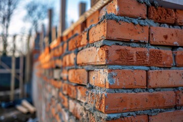 Constructing a brick wall at a construction site