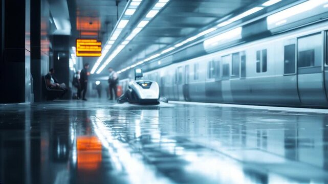 AI-powered cleaning robot autonomously operates in a modern subway station, Integration of robotics in public infrastructure for enhanced cleanliness and efficiency. Video made using Generative AI.