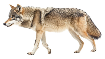 Obraz premium A gray wolf walking gracefully through its natural habitat during daylight hours capturing its majestic presence and keen senses.