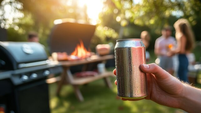 A hand holding a beer can in a sunny outdoor setting, with a barbecue and people enjoying a gathering in the background.