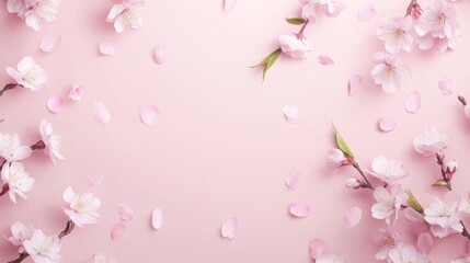 Photo of, Pink background with delicate cherry blossom branches and fluttering petals in soft pastel shades for design, banner template