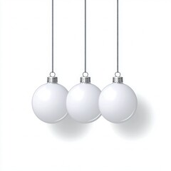 Festive Christmas Baubles with Snowflakes on White Ribbon - Vector Background with Realistic Decorative Ornaments in Silver Metallic and White for Xmas