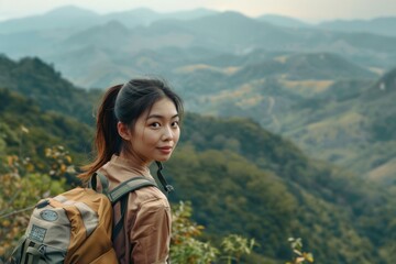 Asian girl enjoying a scenic hike in the mountains.