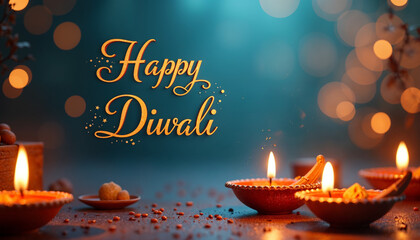 Invitation card design for Diwali with a rich bokeh light background, featuring golden text Happy Diwali in traditional calligraphy style, framed with images of traditional sweets and gifts