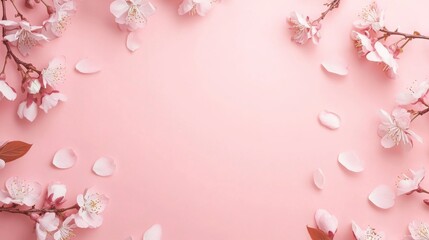 Fototapeta premium Photo of, Pink background with delicate cherry blossom branches and flying butterflies for design, banner template