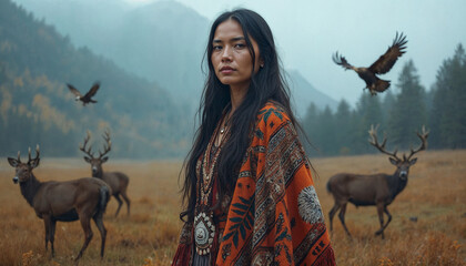 Native American female figure with a shawl adorned with traditional symbols, surrounded by wildlife like deer and eagles in a peaceful autumn landscape, evoking cultural pride