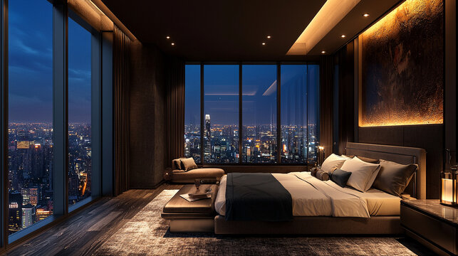 A luxury hotel suite with an open-concept design