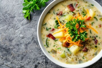 Creamy zucchini soup with potatoes onions cheese bacon and celery in white bowl on stone table Top view