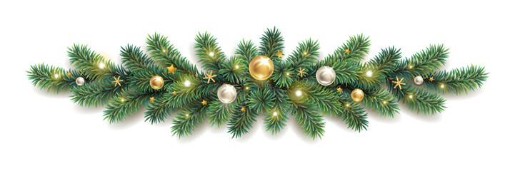 Square banner with Christmas symbols. Green Christmas tree, red berries, color balls on a white background. Header for your website template.
