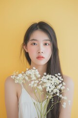 Fototapeta premium Asian girl holding a bouquet of flowers, with a plain pastel yellow background.