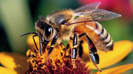 Honeybee Pollinating a Vibrant Flower Close Up