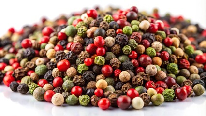 Mixture of red, green, and black peppercorns on white background