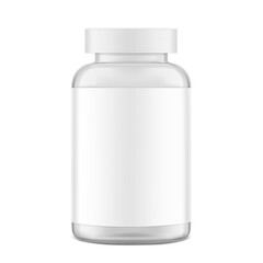 Clear eye-catching pill bottle with label mockup for supplements, vitamins, treats. Vector illustration isolated on white background. Mockup is ideal for health projects. EPS10.