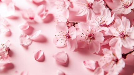Photo of, Pink background with delicate cherry blossom petals floating for design, banner template