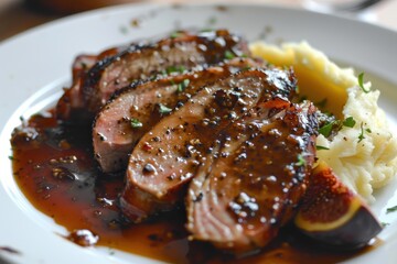 Duck fillet with truffle oil potatoes fig aniseed sauce