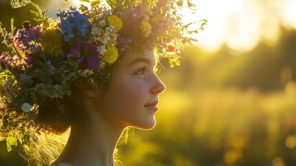 A beautiful profile view of a woman with a floral headdress, illuminated by warm sunlight, capturing the enchanting essence of femininity and nature