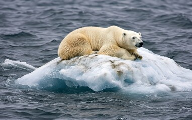 Global Warming - Polar Bear on a Floating Glacier: A polar bear stranded on a small, rapidly melting iceberg, looking lost as it drifts in an endless ocean. 