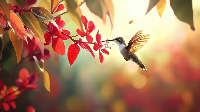 Hummingbird Hovering to Sip Nectar in Nature