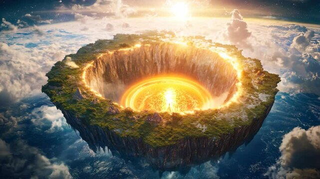 Planet Earth featuring a massive crater revealing inner layers, ocean surroundings, concept space