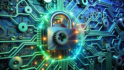 Cybersecurity Network Security Abstract Illustration Featuring a Locked Padlock with Gears and Circuit Board Background