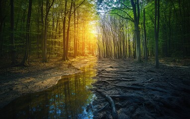 Obraz premium Global Warming - Healthy Forest vs Deforested Area: The left half shows a dense, green forest with towering trees, abundant wildlife, and a calm stream reflecting the sunlight. 