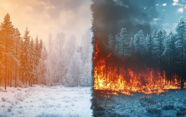 Fototapeta premium Global Warming - Forest on Fire and Ice: A split image of a forest, with one half frozen in snow and ice, and the other half engulfed in wildfires, representing the extreme weather 
