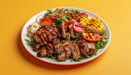Fototapeta premium Floating white plate with assorted grilled meats and salad on a gradient orange background