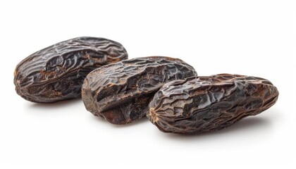 Four isolated tonka beans on a white background with empty room for text
