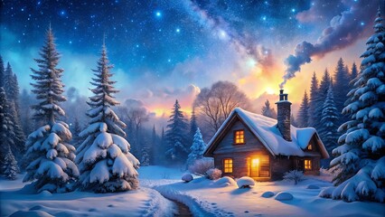 Fototapeta premium A cozy cabin nestled amidst snow-laden evergreens, bathed in the warm glow of a starry night and a breathtaking aurora borealis