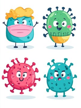Cartoon virus characters with various expressions on white background