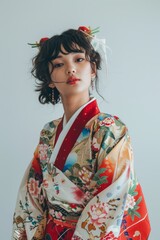 Fototapeta premium Asian girl in a festive hanbok, posing against a simple white backdrop.