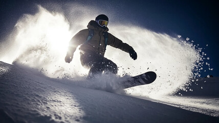 A snowboarder carving through fresh powder on a bright sunny day in the mountains