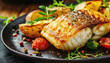 Fried cod fillet with vegetables on wooden surface