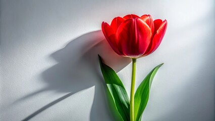 Fototapeta premium A Single Red Tulip Stands Tall Against a Light Background, Its Shadow Dancing Across the Surface, Reflecting a Moment of Serene Beauty