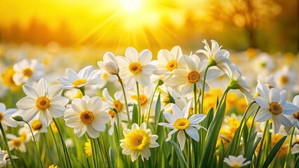 Obraz premium Vibrant White and Yellow Flowers on a Sunny Yellow Background â€“ Panoramic Floral Photography for Bright and Cheerful Decor